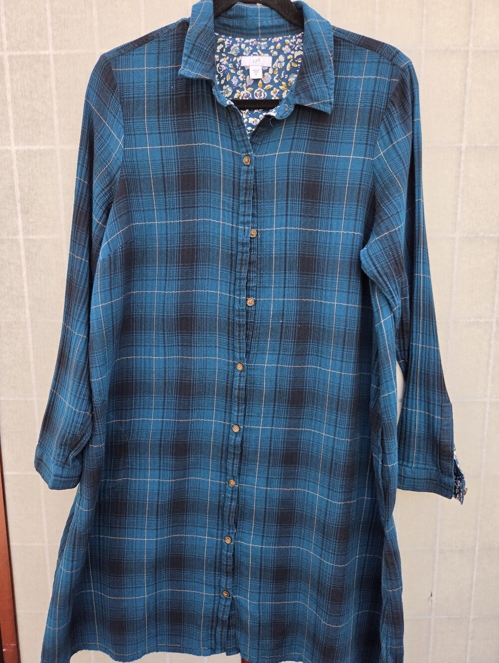 J. Jill Plaid Shirt Dress Teal Blue Floral Trim Cabincore Boho Rustic Medium